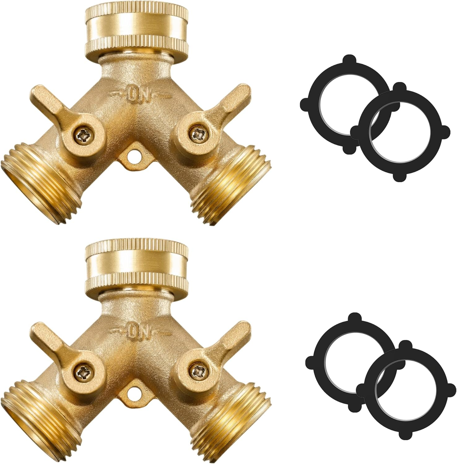 IPOW Solid Brass Body Backyard 2 Way Y Valve Garden Hose Connector Splitter Adapter + Extra 4 Rubber Hose Washers with Comfort Grip, 2 Pack image number 2