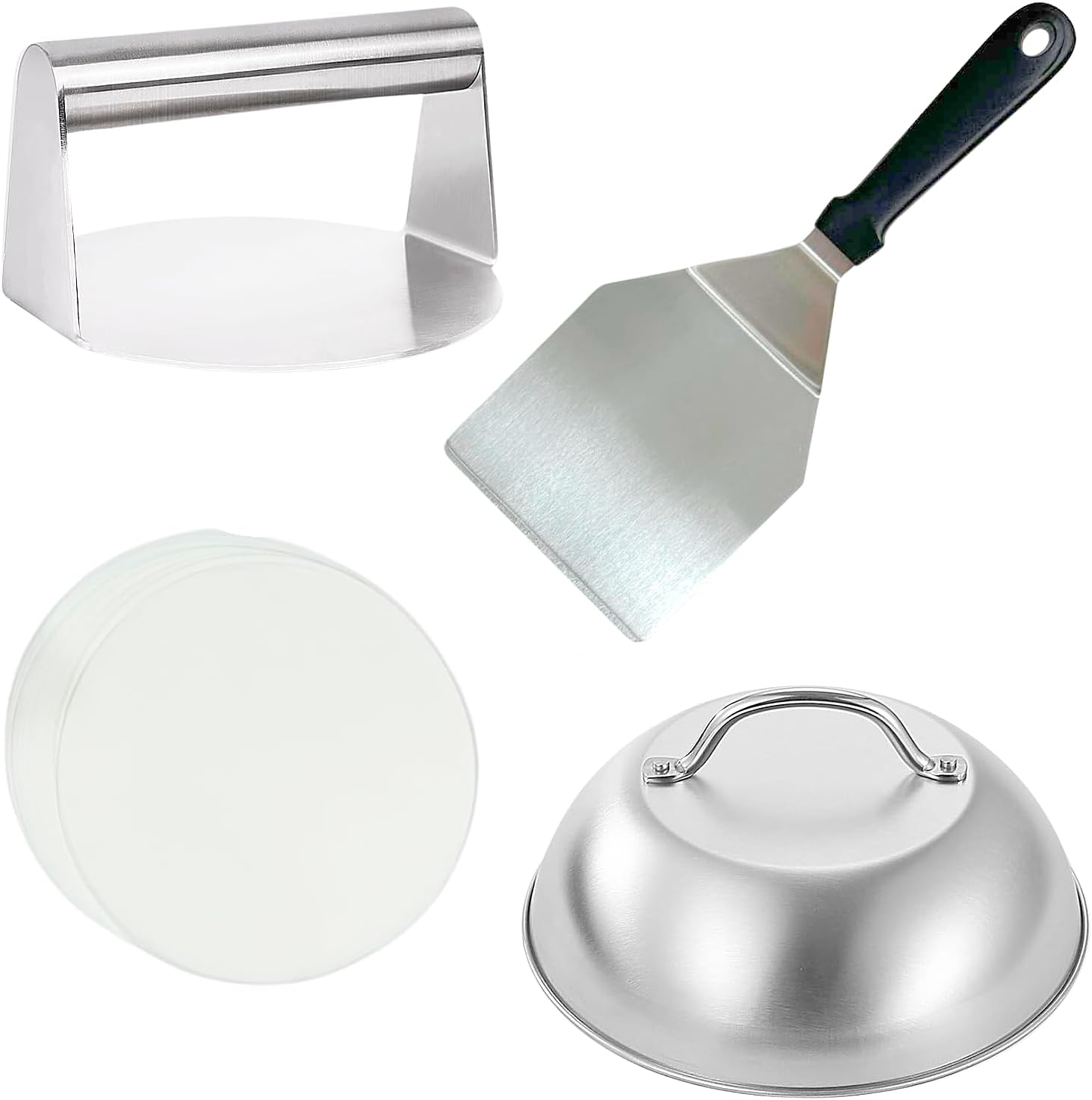 430 Stainless Steel Burger Press Kit with Burger Flipper, Cheese Melting Dome & 50 Wax Discs, Burger Smasher with Smash Burger Press, Protein Press, BBQ Smash Burger Kit for Burger (4Pcs) image number 1