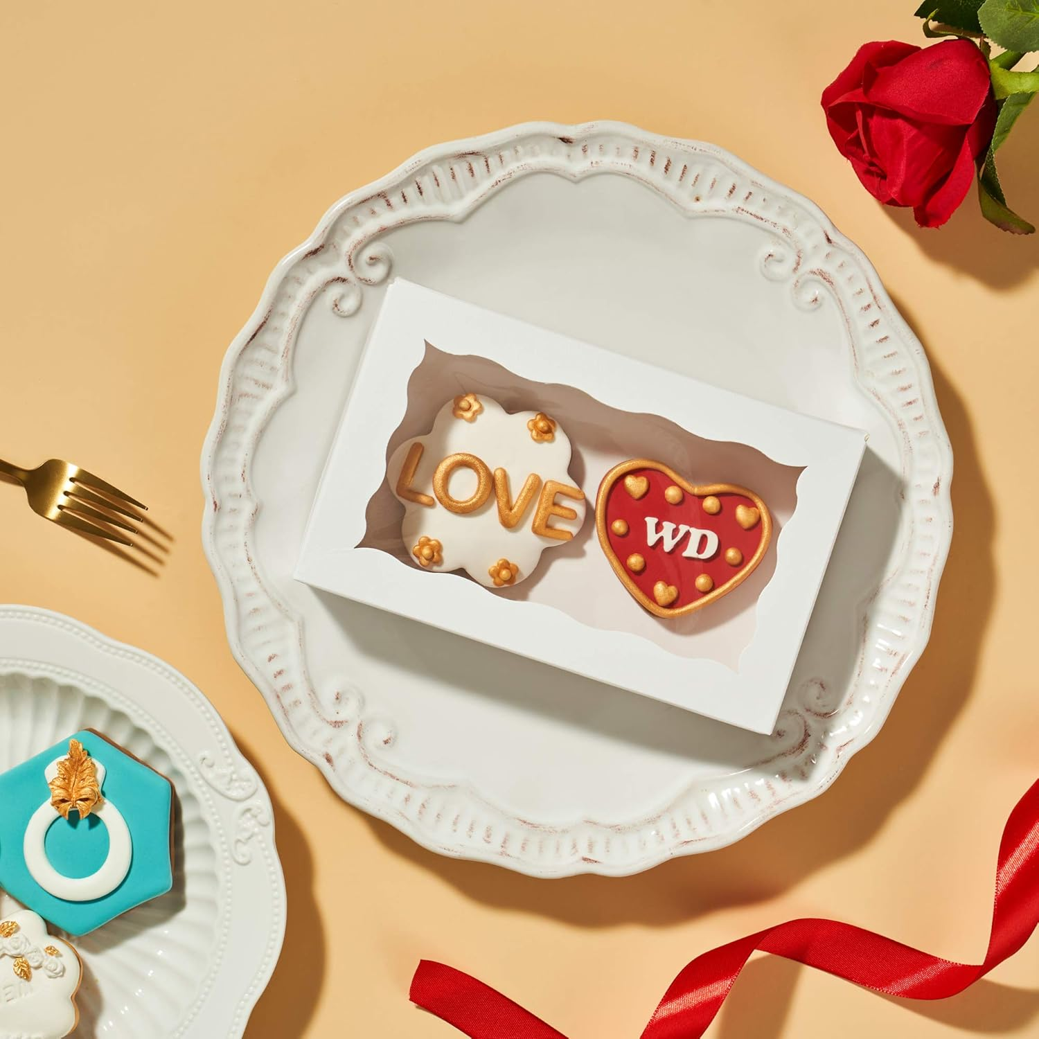 Romantic Baking 15 Pack White 7 X 4 3/8 X 1 1/2In Cookies Boxes with Window - Perfect for Wedding, Baby Shower & More - 100, Brown(Diy Assembly) image number 4