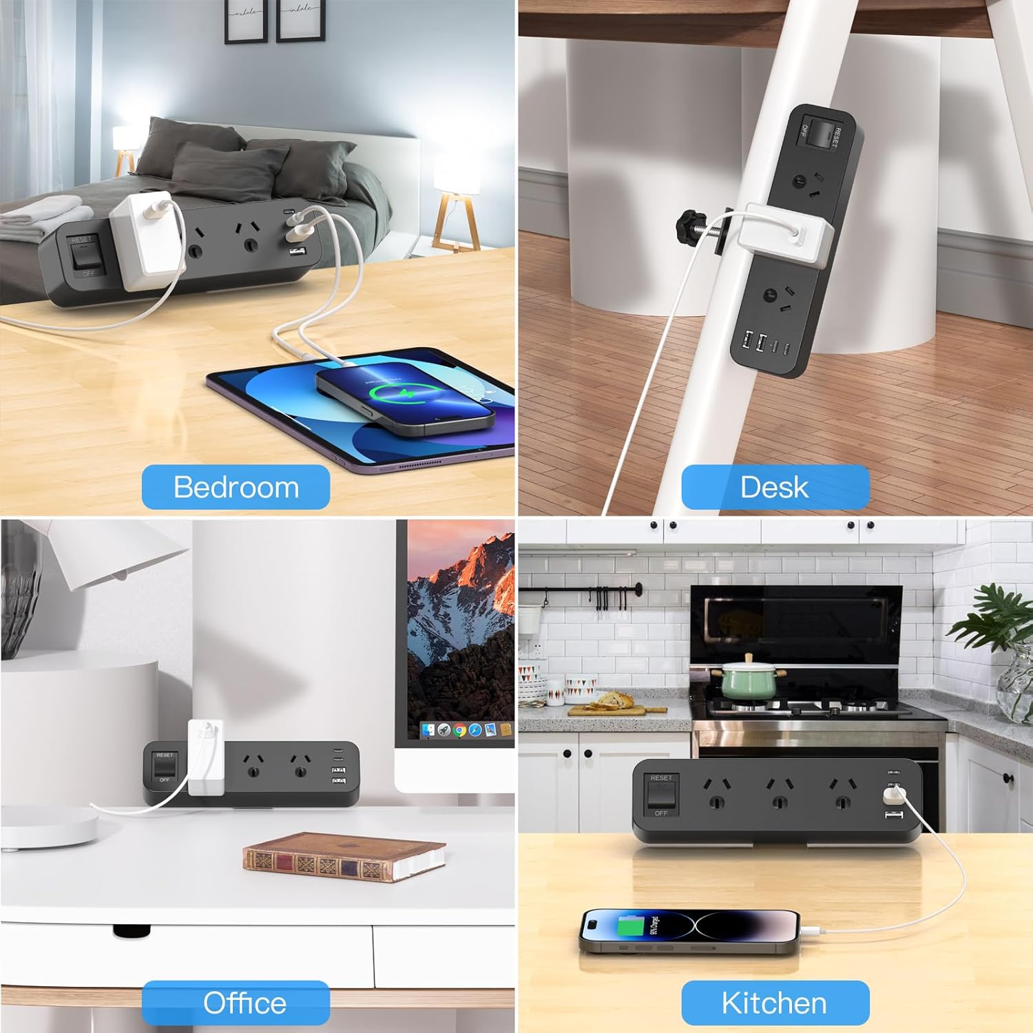 Yundian Power Strip with USB, 3 AC Outlets, 2 USB C Ports, 2 USB a Ports, 2M Extension Cord, 10A/2500W, Black - Black image number 5