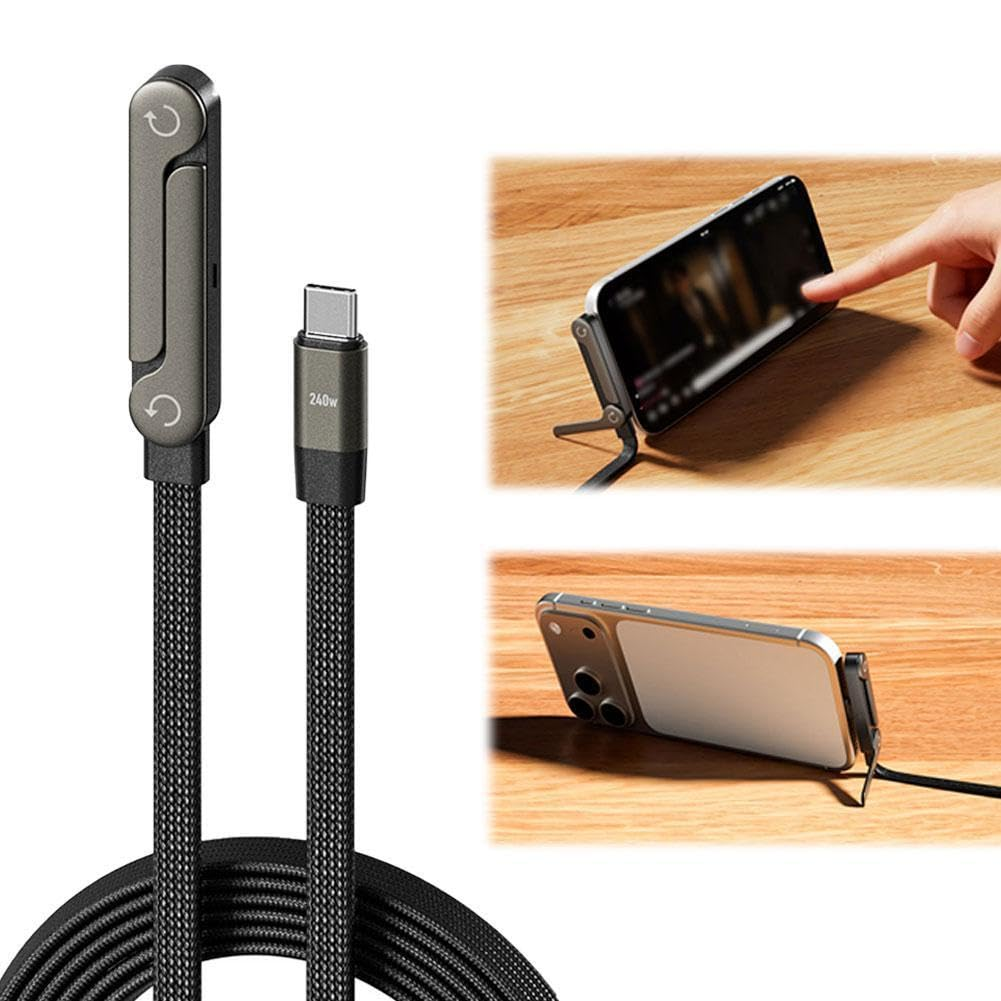 240W Invisible Stand Charging Cable with Braided Cables, 2 In1 Mobile Phone Holder Data Cable, 360&deg; Foldable Rotation Multi Alloy Nylon Braided Type C Charger for Phone Tablets (1.5M/5Ft/1Pcs) image number 5