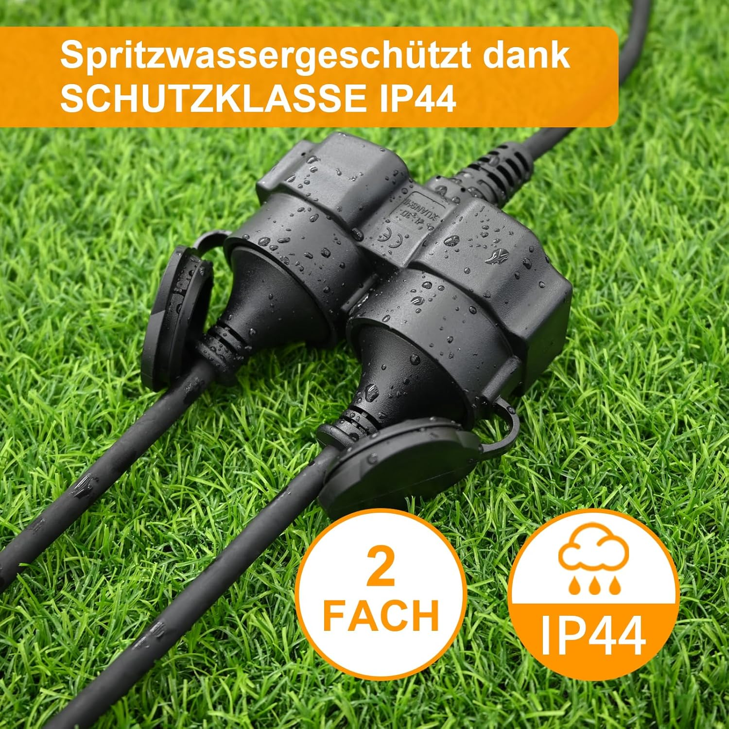 Outdoor Extension Cable 10 M with 2 Schuko Sockets, Double Extension with Protective Cap for Outdoor Use, IP44, Power Cable with Double Coupling, Rubber Cable with 2-Way Sockets, 3500 W, Black