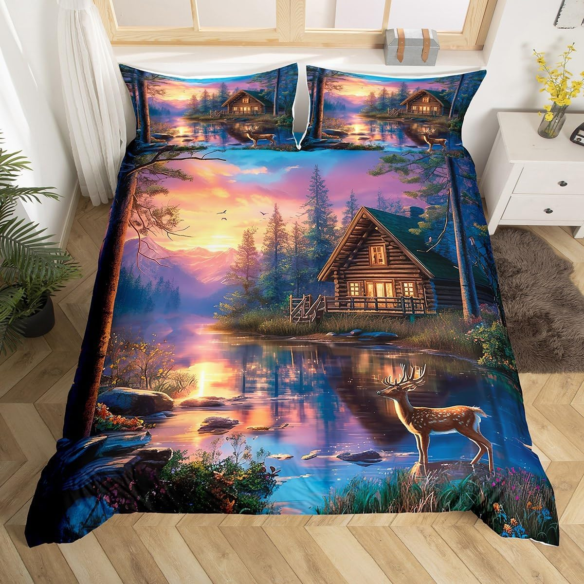 Hunting House Bedding Set S Size, Wild Deer Animal Hunting Cabin Decor Comforter Cover Set for Children Girls, Rustic Farmhouse Lake Pine Natural Landscape Quilt Cover Bedroom Decor, 2 Pieces image number 4