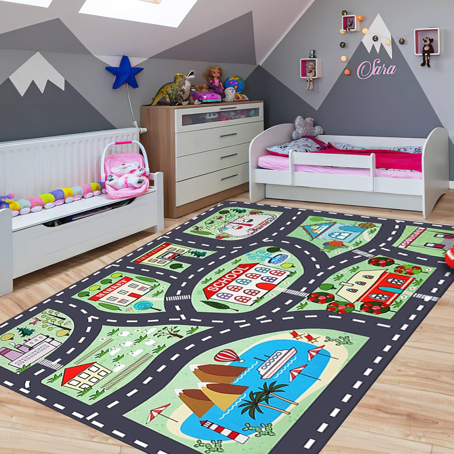 Kids Carpet City Play Mat, anti Slip Car Rug Playmat for Floor, 32"X63" Large Play Have Fun & Learn Safely Road Traffic System Activity Centerpiece Area Rug for Child Room, Playroom (City 1, 80*160Cm) image number 3