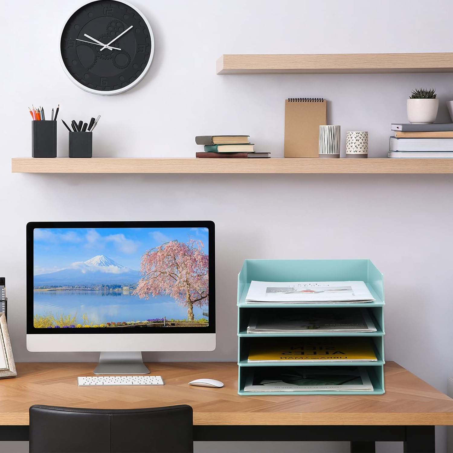 Tatuo 4 Pack Stackable Paper Trays Plastic Letter Tray Desk Organizer Paper Holder Organizer Storage Office Desk Accessories for Classroom Magazine File Documents 12.8 X 9.45 X 1.97, Blue Green image number 2