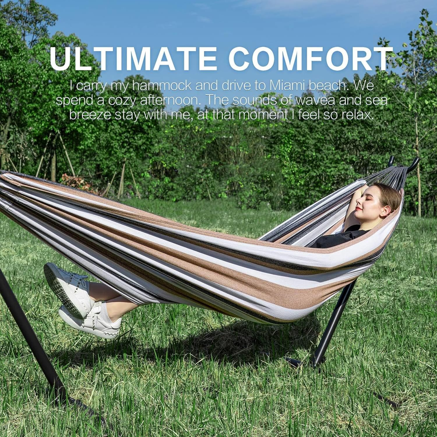 Double Hammock with Space Saving Steel Stand, 2 Person Outdoor Standing Hammocks with Portable Carrying Bag, 250Kg Capacity Coffee 260 * 107 * 109Cm image number 5