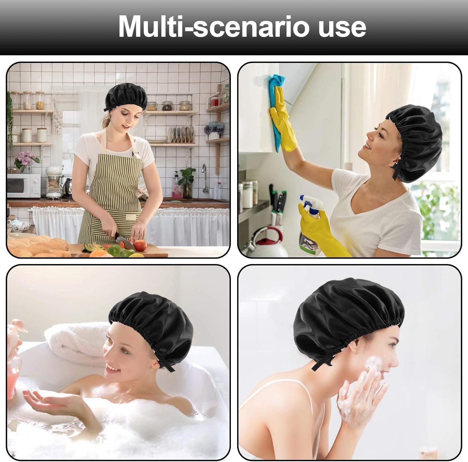 Satin Bonnet, Adjustable Double Layered Satin Cap, Satin Sleep Hair Cap for Women Girls Shower, Sleeping (Black) image number 6