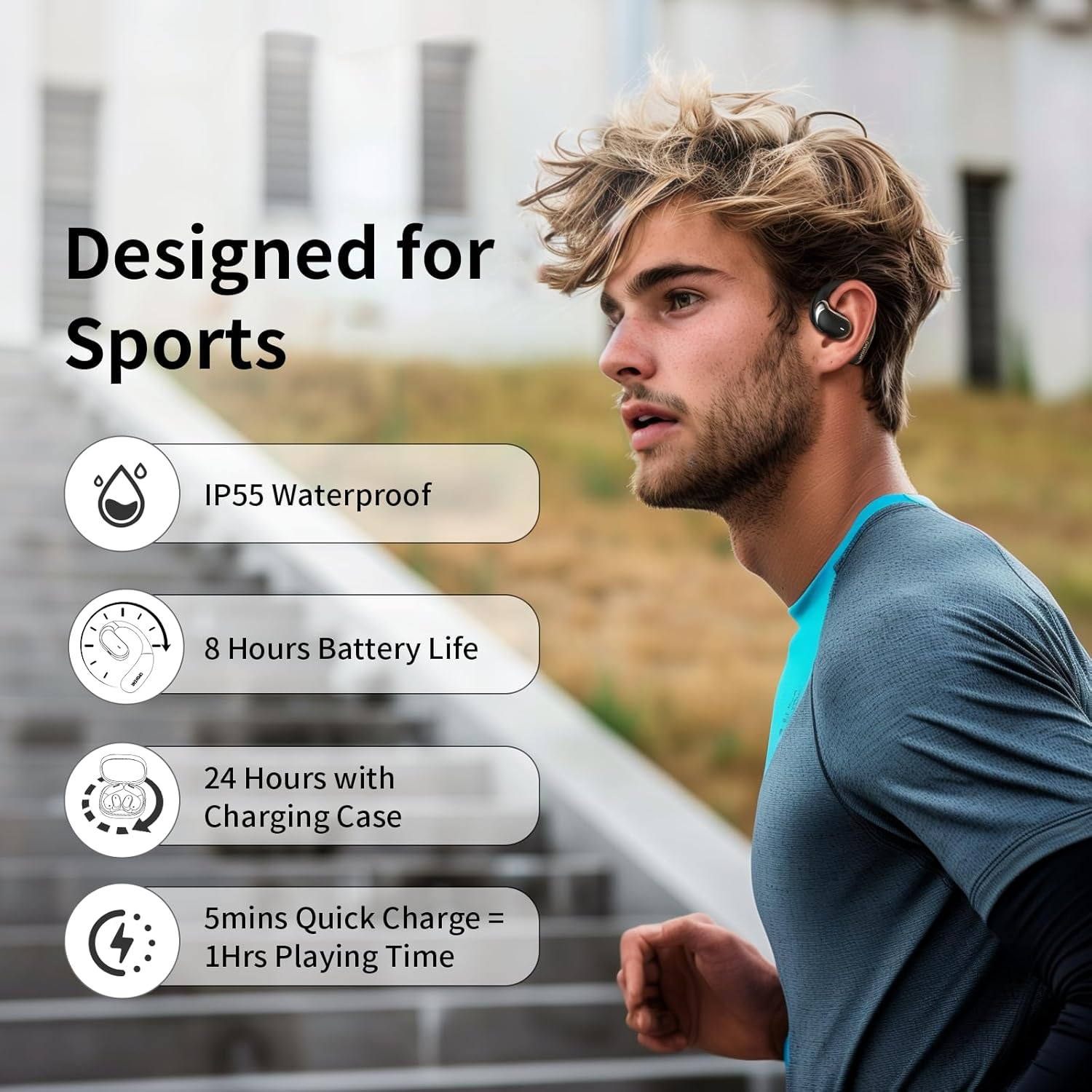 Hiteblaz Open Ear Headphones Bluetooth 5.3, Wireless Earbuds with Earhook, IP55 Waterproof Sports Headset with Noise Cancelling Mic,28H Playtime for Running, Cycling, Workout,Black image number 1