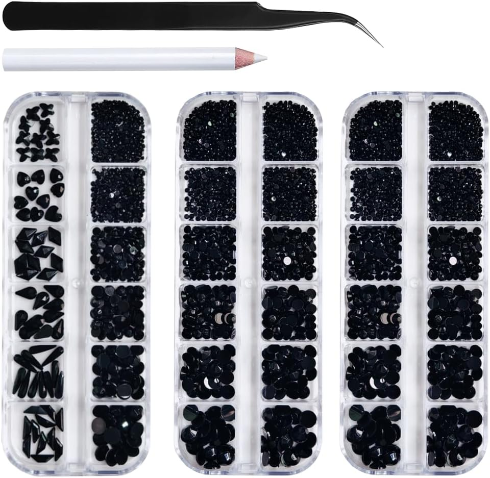 3Pcs Shiny Flatback Nail Rhinestones Gems,Multi-Shape round Beads for Nail Art, Includes Picker & Tweezers for DIY Manicure, Sparkling Nail Decorations for Professional Salon or Home Use,Black