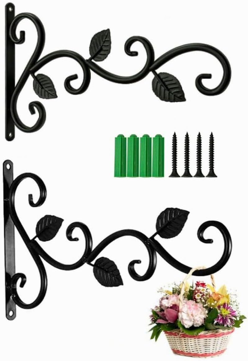 Wall Hanging Plant Bracket, 2 Pcs Retro Outdoor Indoor Garden Hook D&eacute;cor Alloy Decorative Plant Brackets Hooks, Wall Mount Plant Hangers with Screws for Bird Feeders, Planters, Black image number 1