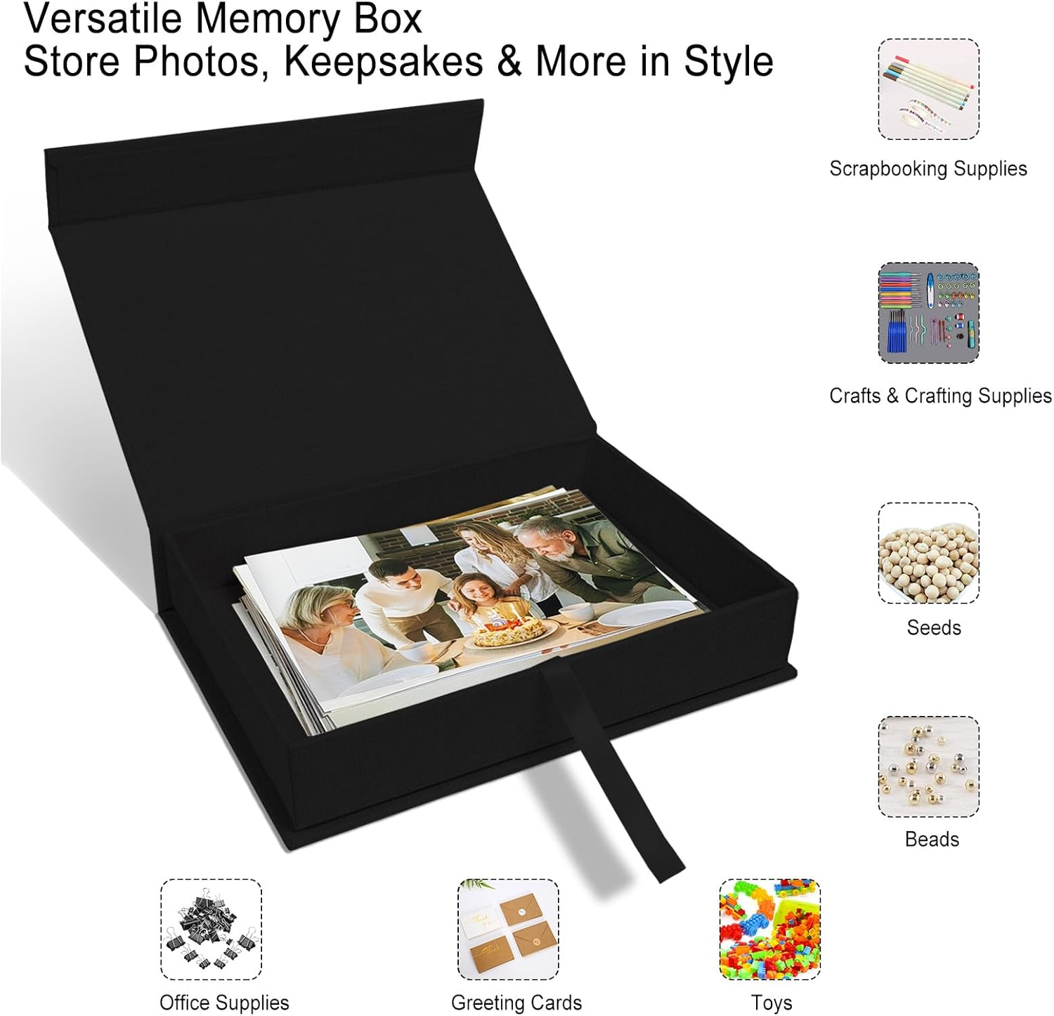 Sprsthai Photo Storage Box 4X6 5X7 - Archival Photo Organizer Box with Lid, Stackable Memory Keepsake Box for Photos, Pictures, Certificates, Jewelry & Scrapbooking Supplies, Black image number 3