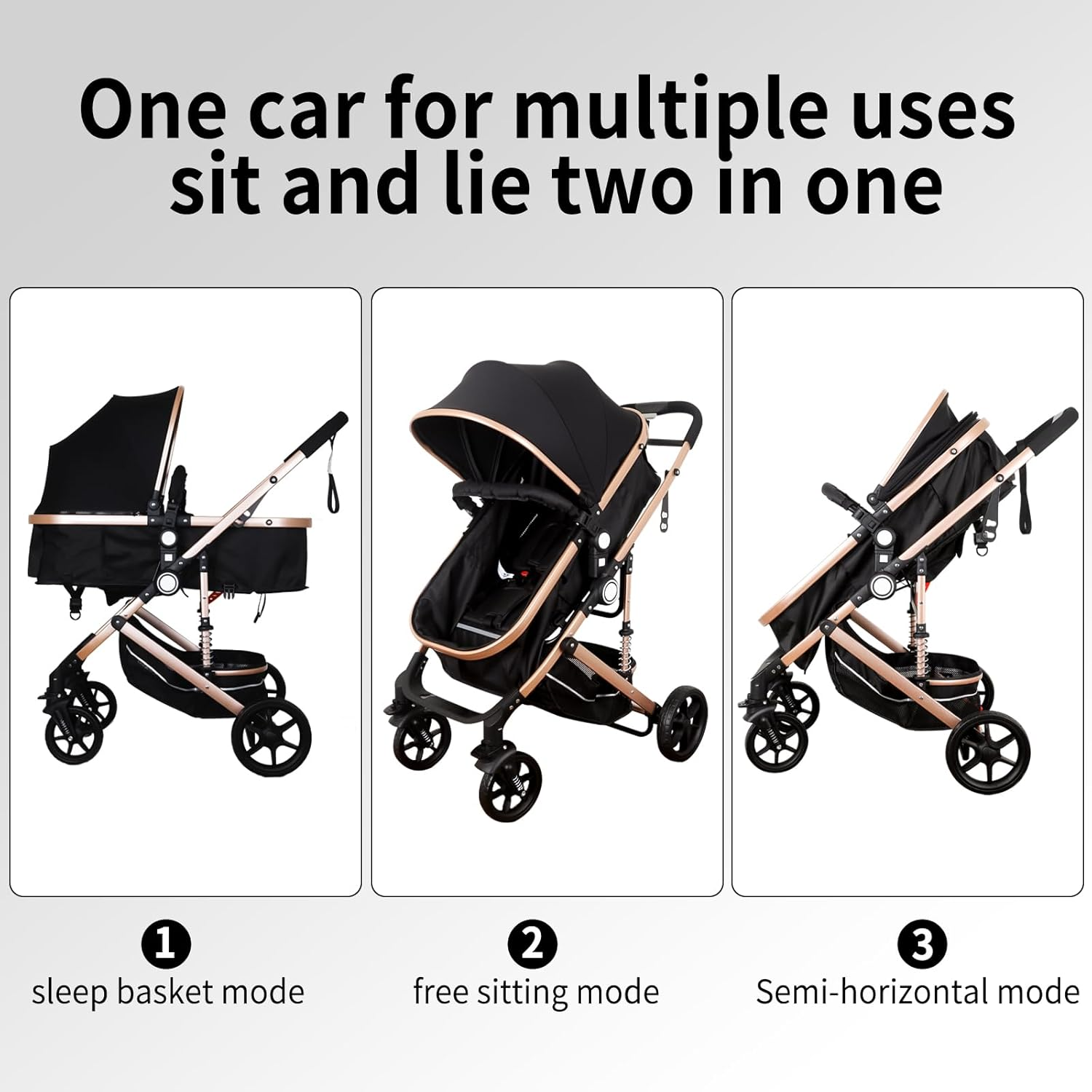 Winklestar Baby Stroller and Pram 3-In-1 Travel Pram with Bassinet, High-View Design, One-Hand Fold, 5-Point Safety Belt & Shock Absorption, 50KG Capacity, Includes Mosquito Net & Cup Holder (Black) image number 5