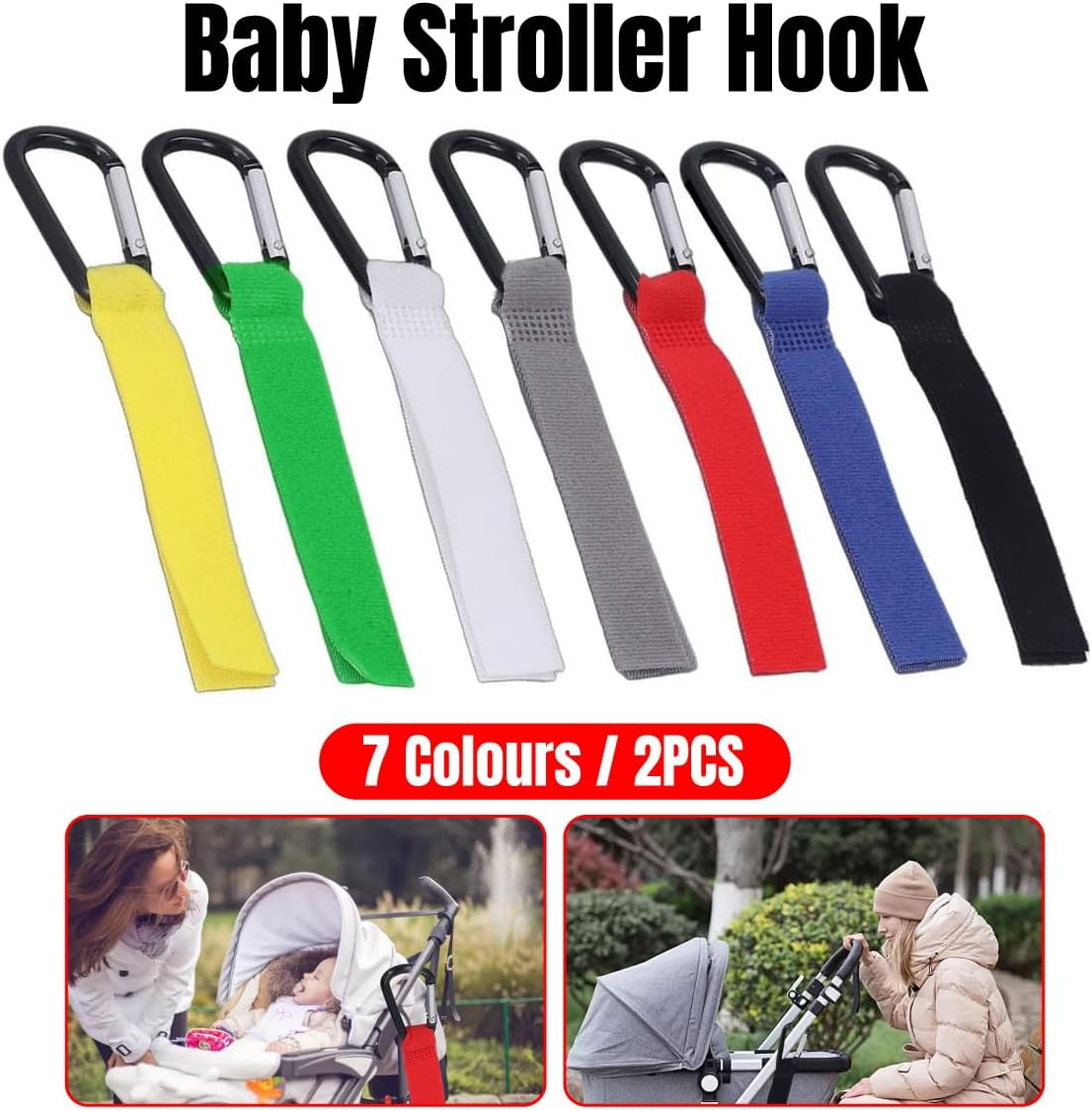 2 PCS Durable Baby Stroller Hooks with Velcro Straps | Multi-Color Carriage Accessories for Storage and Anti-Lost Function image number 1