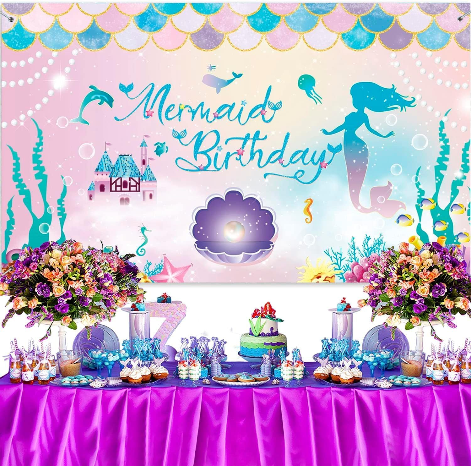 Stibest under the Sea Mermaid Birthday Party Backdrop Girl Princess Mermaid Scales Photo Booth Banner, Purple Blue, Polyester, 72.8 X 43.3 Inch image number 6