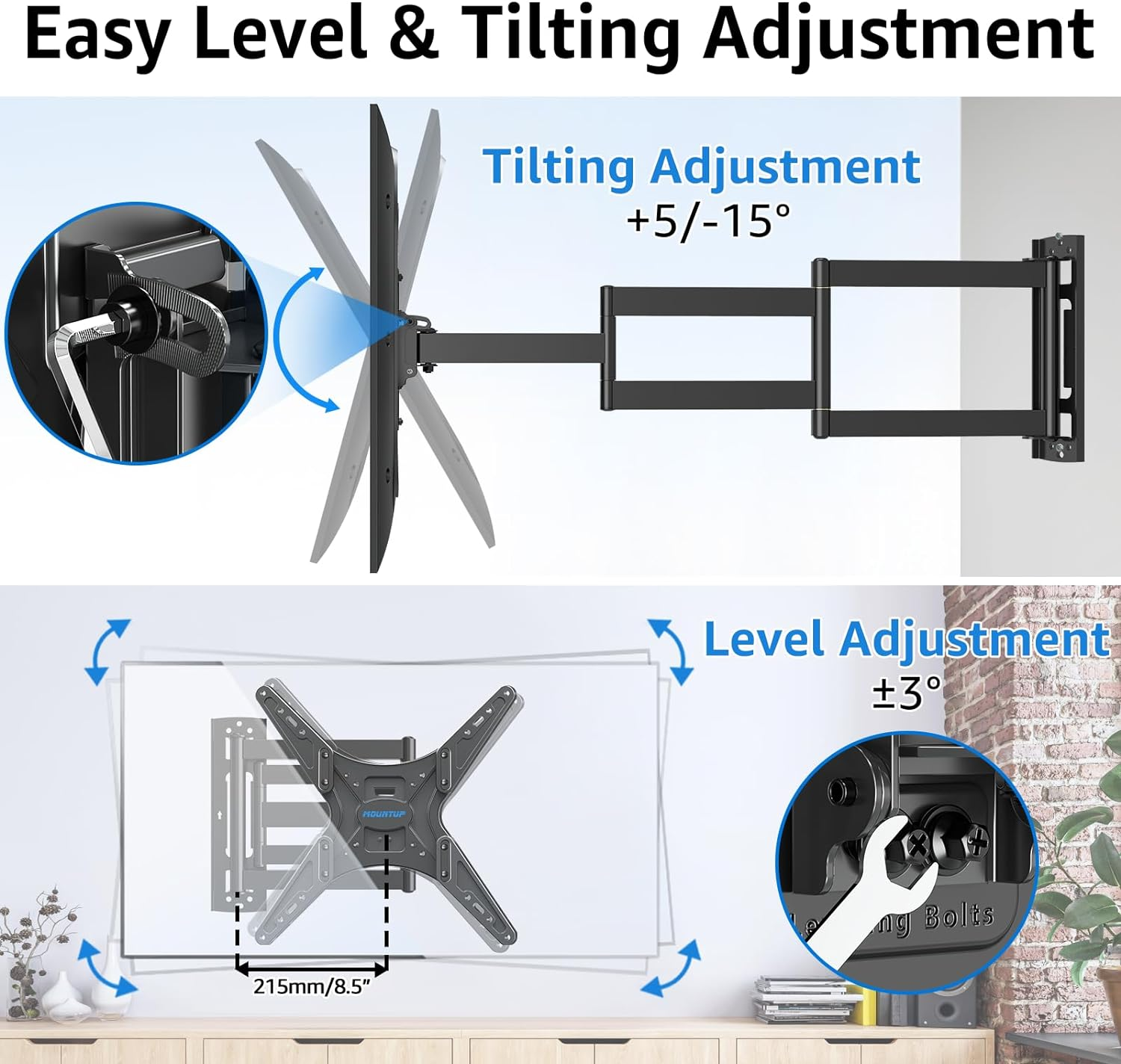 MOUNTUP Corner TV Wall Mount for Most 26"-60" Tvs, Full Motion Long Arm TV Mount 30 Inch Extension Articulating Wall Mount TV Bracket Max VESA 400X400Mm, Smoothly Extendable, Holds up to 77 Lbs MU0057 image number 2