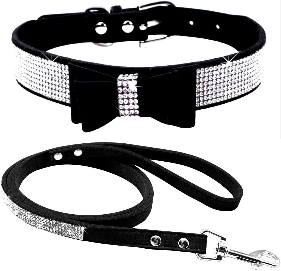Haoyueer Cute Dazzling Sparkling Elegant Fancy Soft Suede Leather Bling Rhinestone Crystal Jeweled Pet Cat Dog Puppy Collar Dog Leash Combo Set (M, Blue-1)