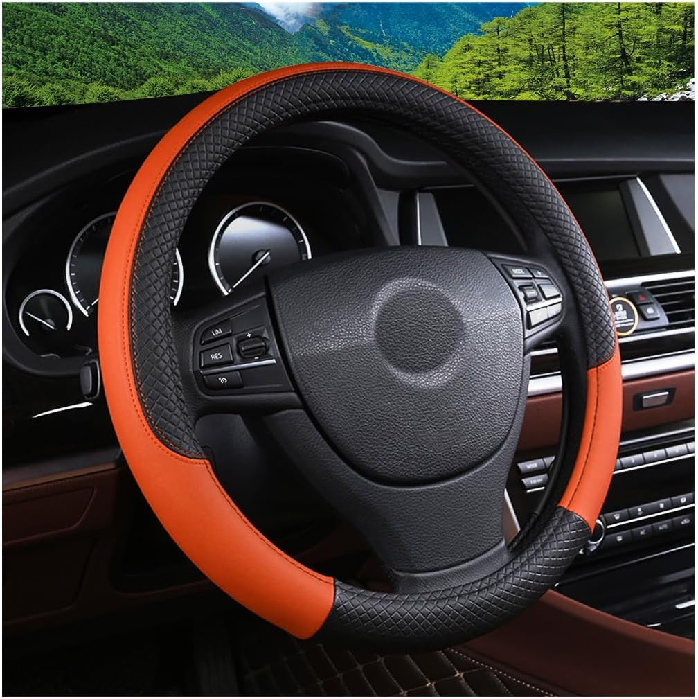 FALVFUN Car Steering Wheel Cover, 15 Inch Elastic Stretch Leather Vehicle Steer Wheel Cover Protector, Anti-Slip Breathable Automotive Interior Protection Accessories, Universal Fit (Black/Orange)