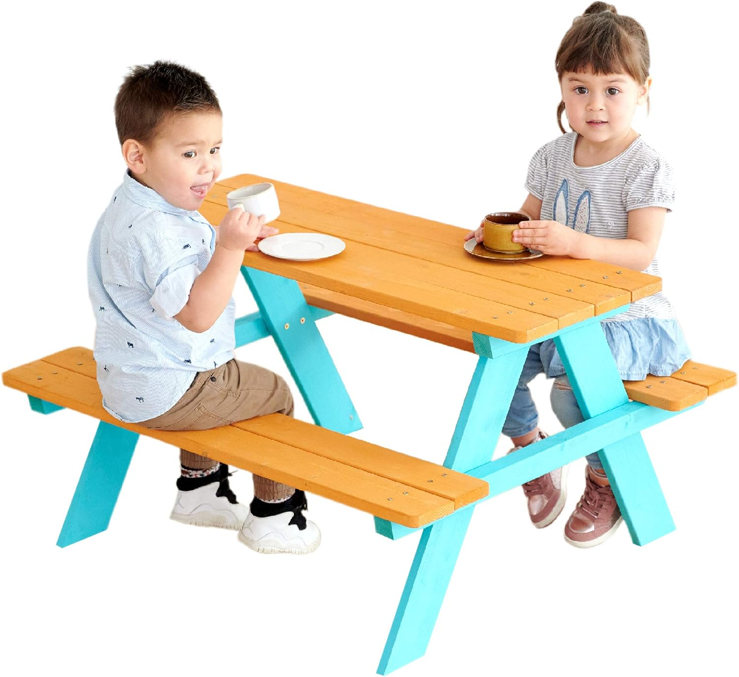 Teamson Kids Outdoor Picnic Table & Bench Set, Aqua/Natural image number 2