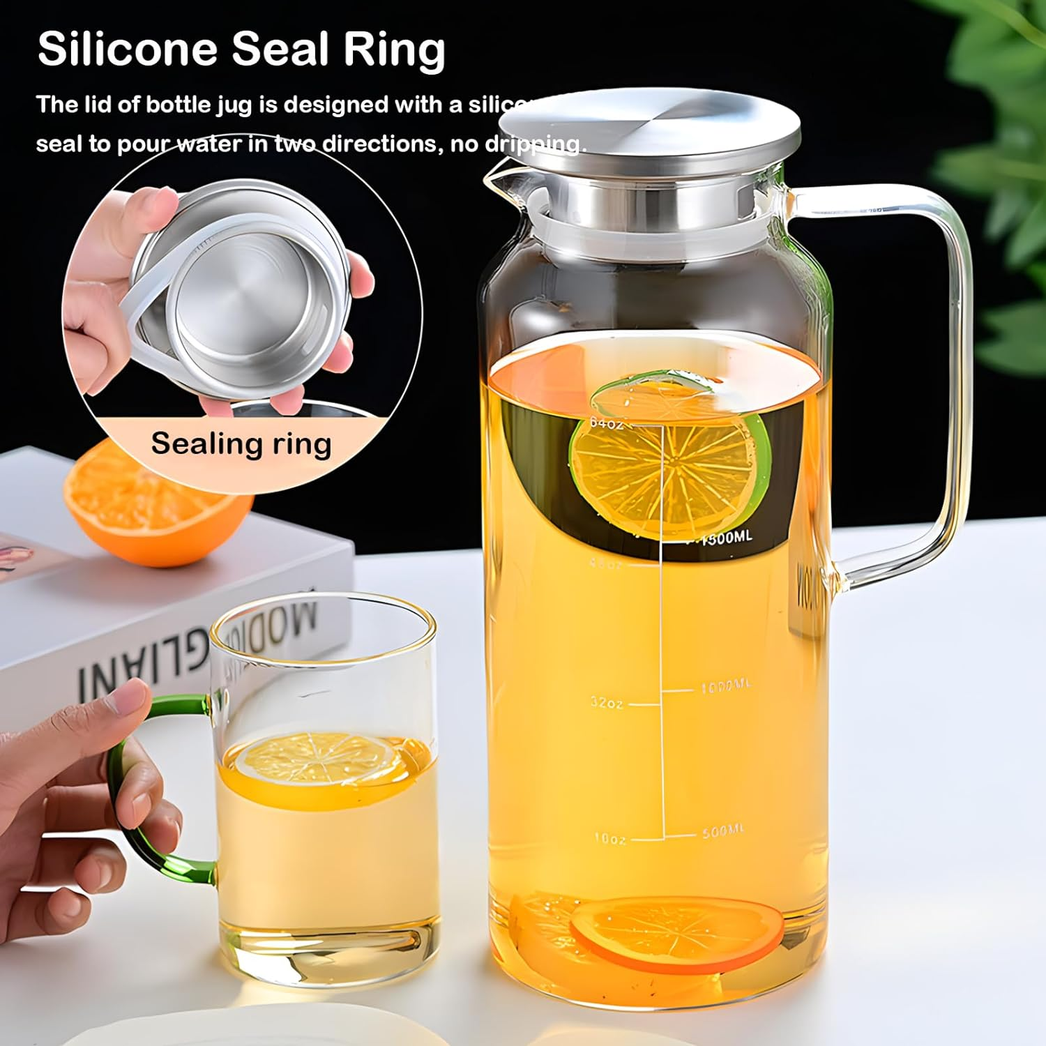 Glass Pitcher with Lid and Spout 2 Liter, Ekvinor Water Pitcher for Fridge, Glass Carafe for Hot/Cold Water, Large Iced Tea Pitcher for Coffee, Juice and Homemade Beverage