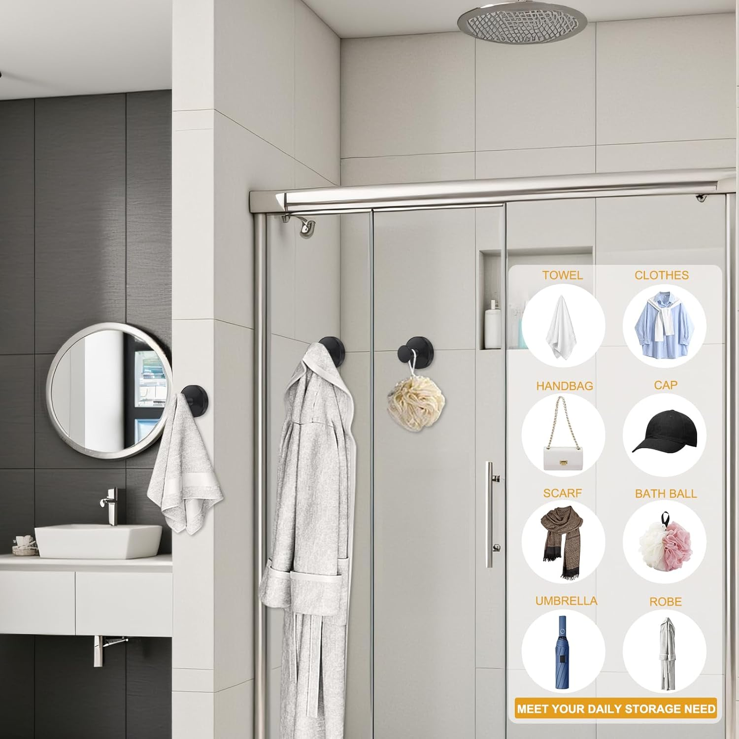 HOTOOLME 4 Pack Suction Cup Hooks for Shower, Towel Hooks for Bathroom, No Drill Shower Hooks for Windows, Glass, Mirror, Tile for Hanging Towels Loofah Robe(Black) image number 5