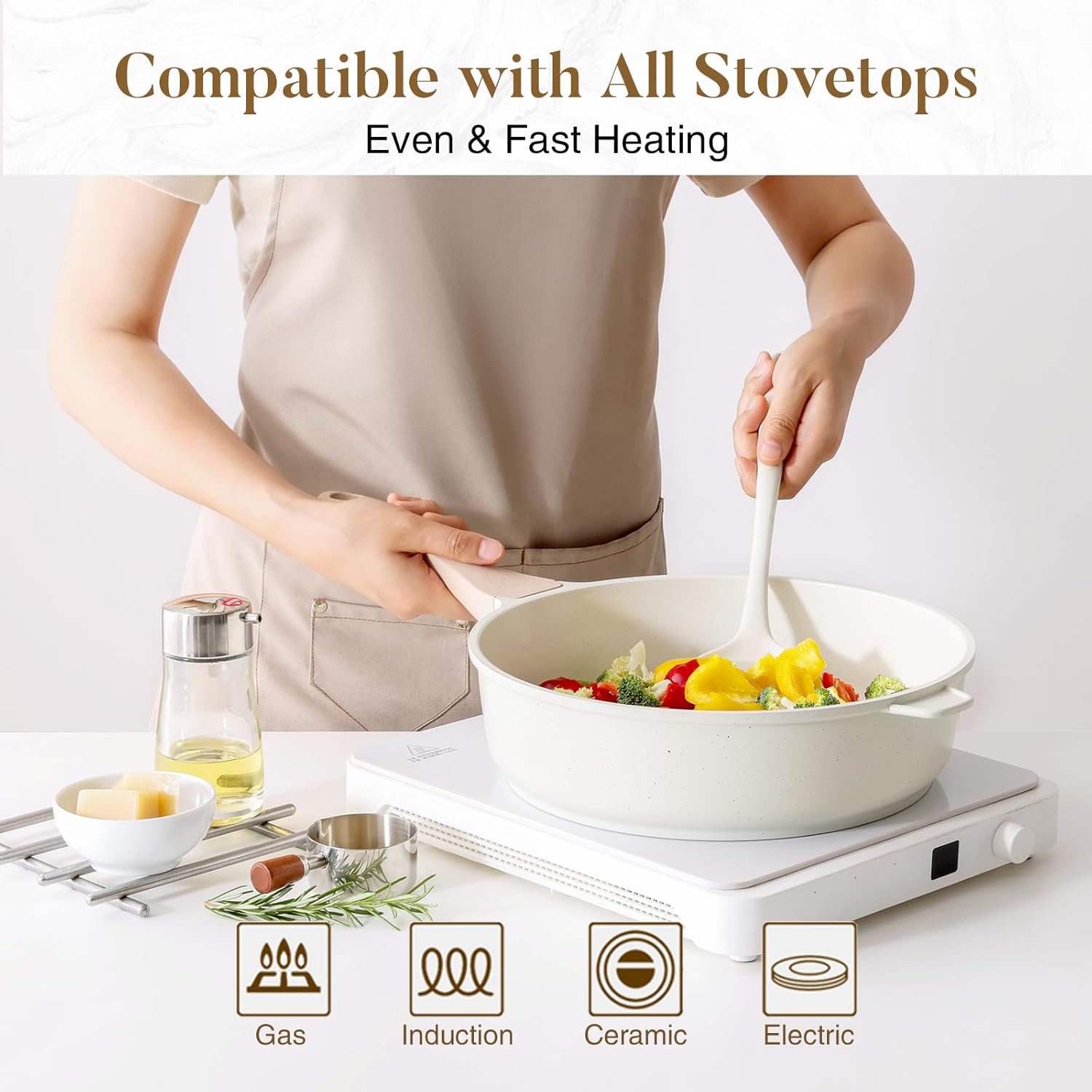 Kordisen Nonstick Ceramic Deep Frying Pan, 11 Inch Non Toxic Skillet with Lid, Healthy Jumbo Cooker, Saute Pan for Cooking, Induction Cookware, PFOA & PFAS Free (Cream) image number 1