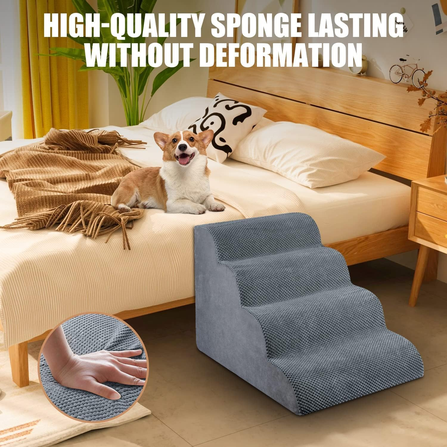 Dog Stairs for Small Dogs, 4-Step Pet Stairs for High Beds, Dog Steps for Couch, Pet Stairs for Small Dogs and Cats, Non-Slip, Stable Indoor Dog Steps for High Bed Grey image number 5
