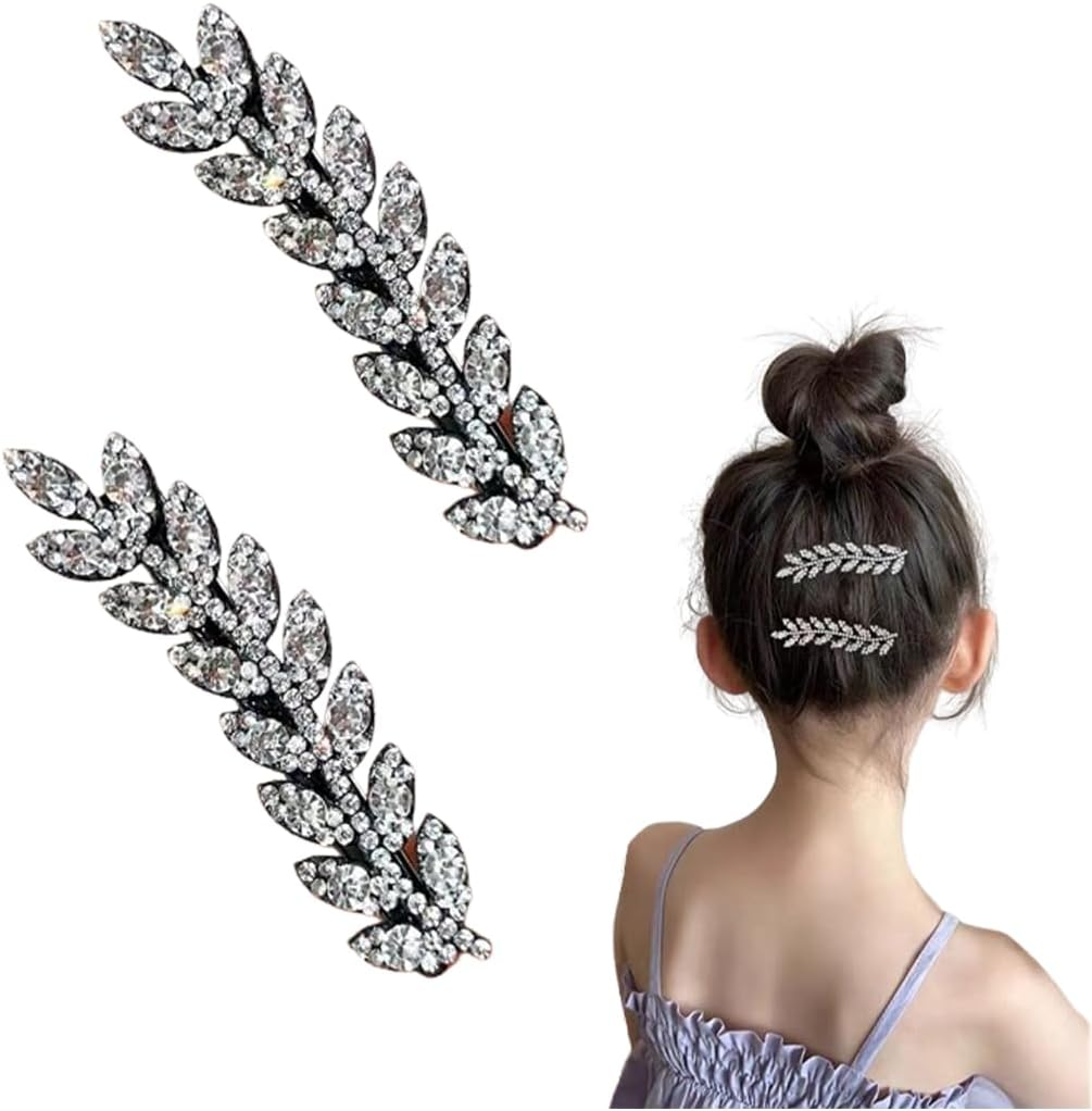 ROKZELT 2 Pieces Elegant Women Hair Clip Wedding Silver Hair Clips Wedding Bridal Leaf Hair Clips with Artificial Crystals