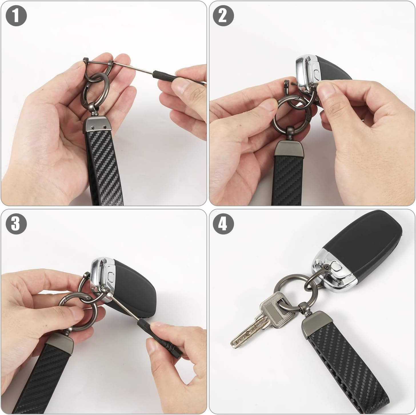 2Pcs Carbon Fiber Leather Car Keychain, 360&deg; Rotatable Swivel Key Chain Holder with Screwdriver for Women Men image number 4