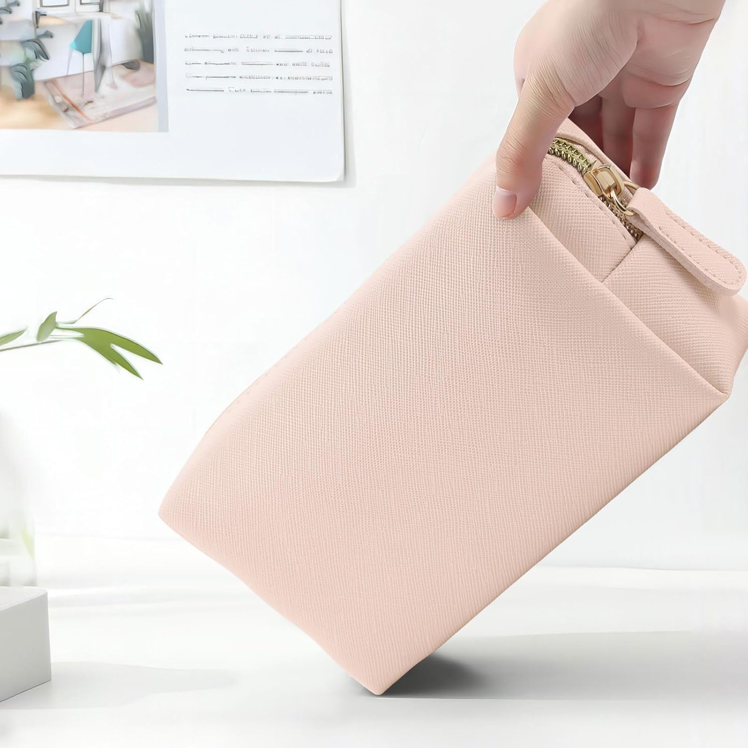 Leather Makeup Bag for Purse Travel, Portable Small Cosmetic Organizer for Women and Girls, Make up Bag with Zipper， Spacious Multi-Compartment Storage Pouch for Cosmetics, Skincare, Brushes（Pink） image number 1