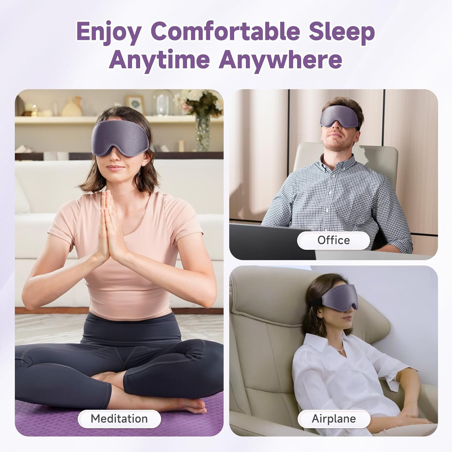 3D Eye Sleep Mask, 99% Fully Block Out Light Deep Contoured Eyes Cover NO Pressure with Adjustable Strap, Long Lash Extension Eyes Mask for Women Men Sleeping Travel Home Nap Rest Use (Light Purple) - Grey image number 7