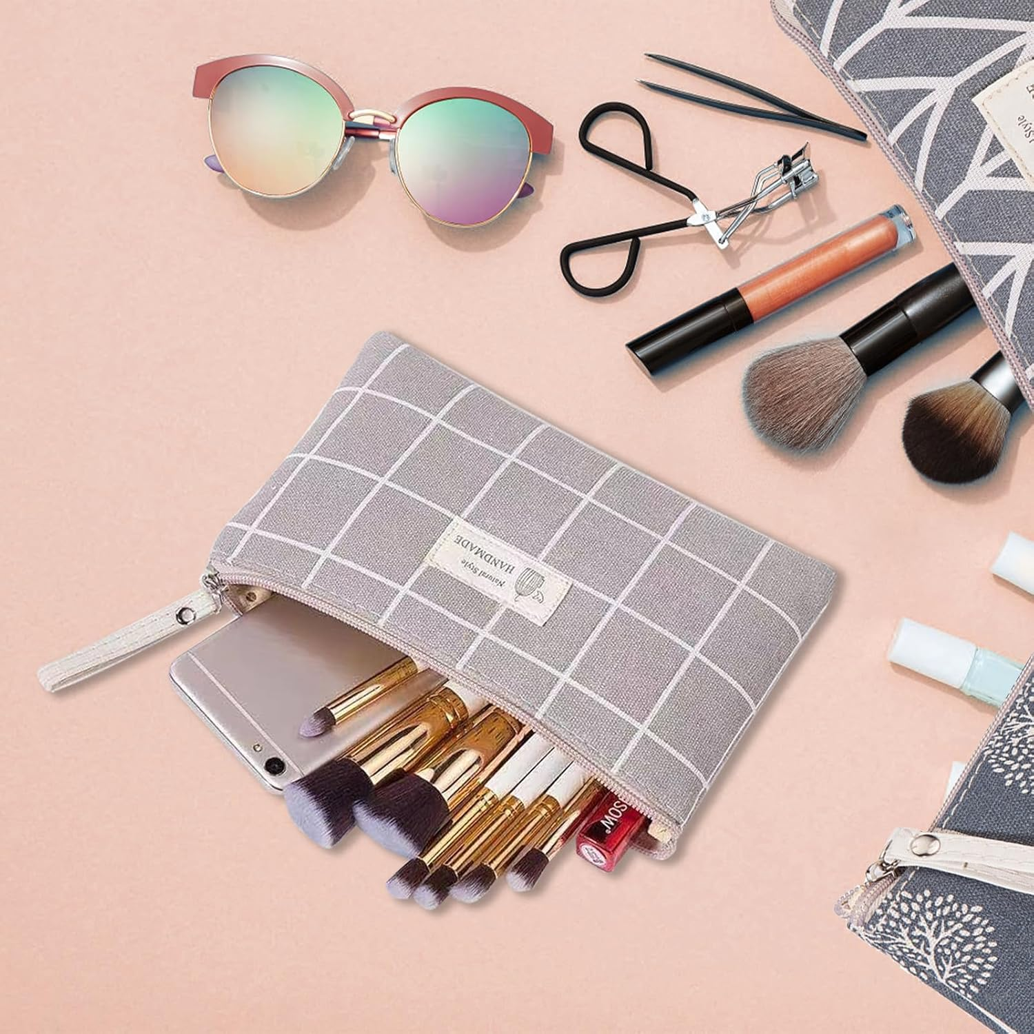 VEGCOO 4 Pcs Canvas Cosmetic Bag, Printed Makeup Bag for Women Girls, Multifunctional Travel Accessories Toiletry Bag for Gift Travel Daily Use, Grey, Refreshing image number 4