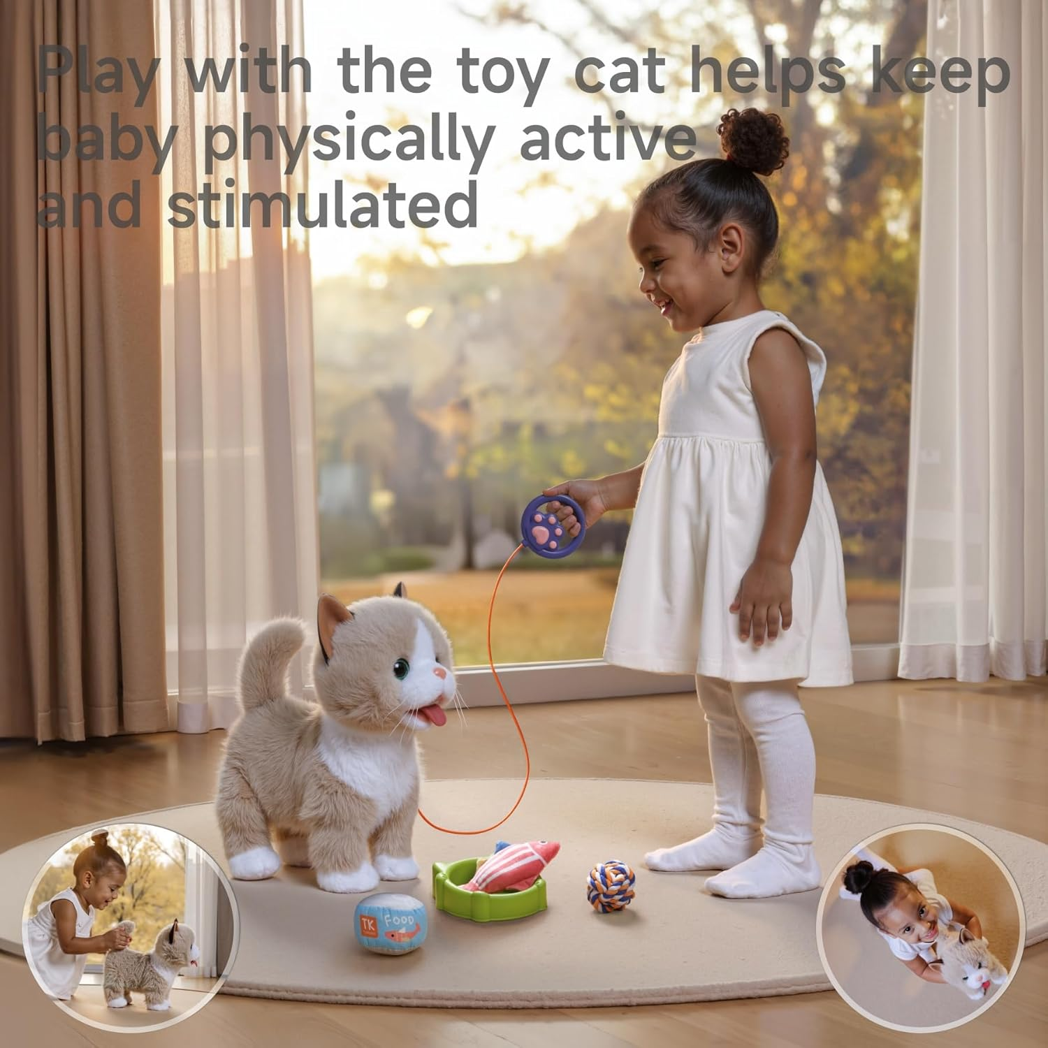 TUMAMA Interactive Cat Toy for Children, Cuddly Toy Kittens with Remote Control Lead Running and Barking, Plush Toy Electronic Kitten Pet from 3 4 5 6 - Walking, Meowing, Tail Wagging image number 4