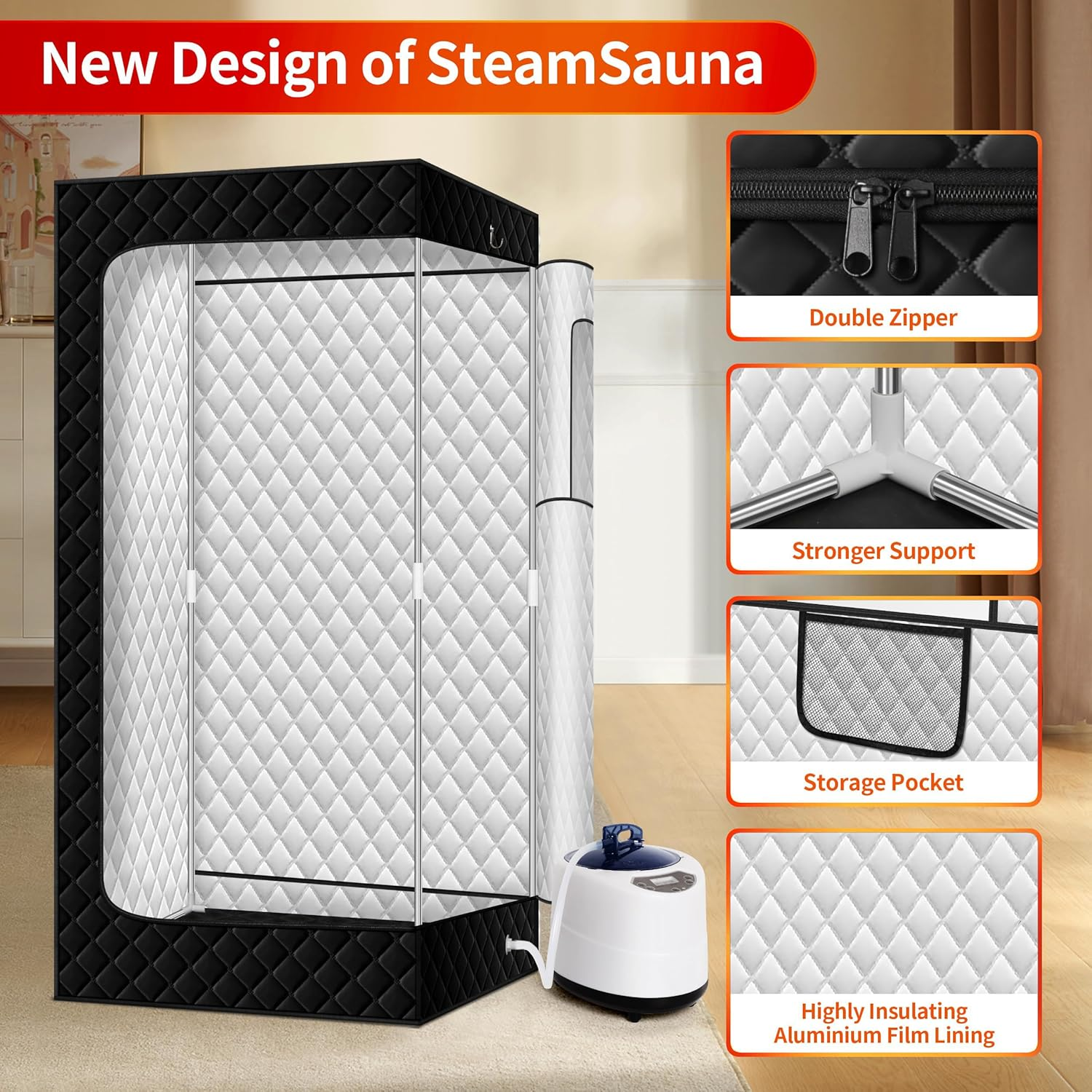 Portable Sauna, Personal Portable Steam Sauna for Home with 3L 1000W Steamer, Sauna Tent for Home Spa Relax, Foldable Chair, Remote Control Included, 80X80X180Cm Sauna Tent, Black image number 3