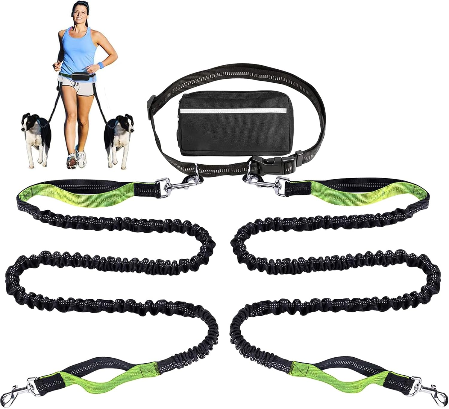 KIKNIN Hands Free Dog Leash with with Pouch-Waist Dog Running Leash with Adjustable Waist Belt & Dual Handle for 2 Medium Dogs, Retractable Reflective Bungee Dog Leash for Jogging Walking Hiking image number 2