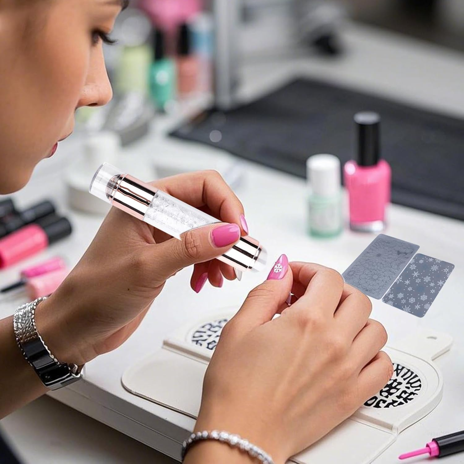Nail Stamper Kit | Home Stamping Pens | Rhinestone Embellished Double Ended Stamping Pens Tool for Manicure Home Practice Nail Salon - Pink image number 2