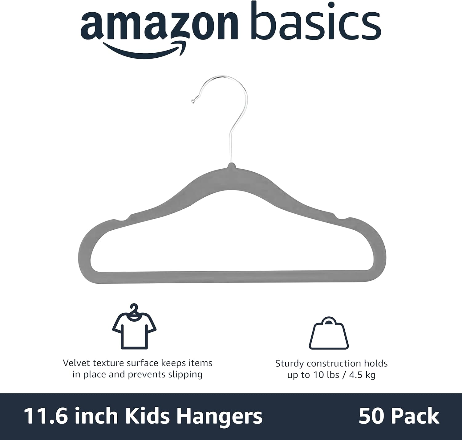 Amazon Basics Kids Velvet, Non-Slip Clothes Hangers, Gray - Pack of 50