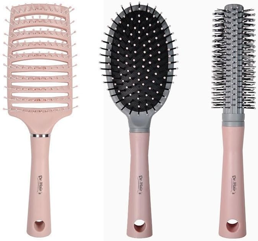 3 Pack Detangling Hair Brush Set - Air Cushion Paddle for Wet/Dry Hair, All Hair Types (Straight, Curly, Thick, Wavy) - Ultra Soft Bristles Painless Scalp Massage Brush,Pink