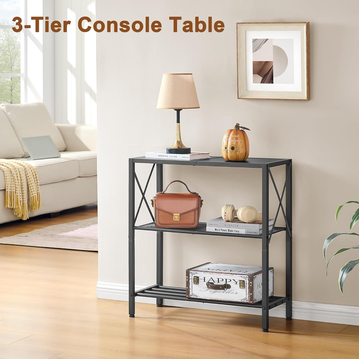 Hoctieon Industrial Console Table, 3-Tier Entryway Table, Metal Frame, Sofa Tables with Shelf, Hallway Desk, Entrance Desk for Entryway, Living Room, Foyer, Hallway, Black image number 4