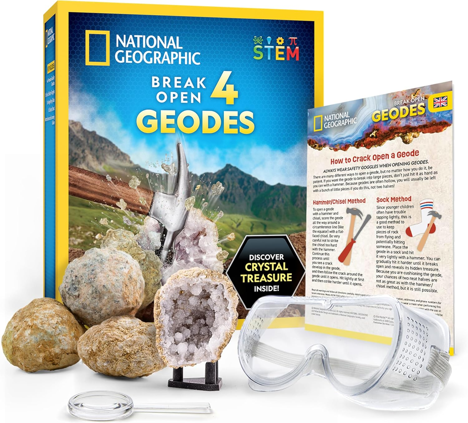 National Geographic Break Open 4 Geodes Science Kit &ndash; Includes Goggles & Display Stand - STEM Science Boys & Girls, Break Your Own Geodes image number 2