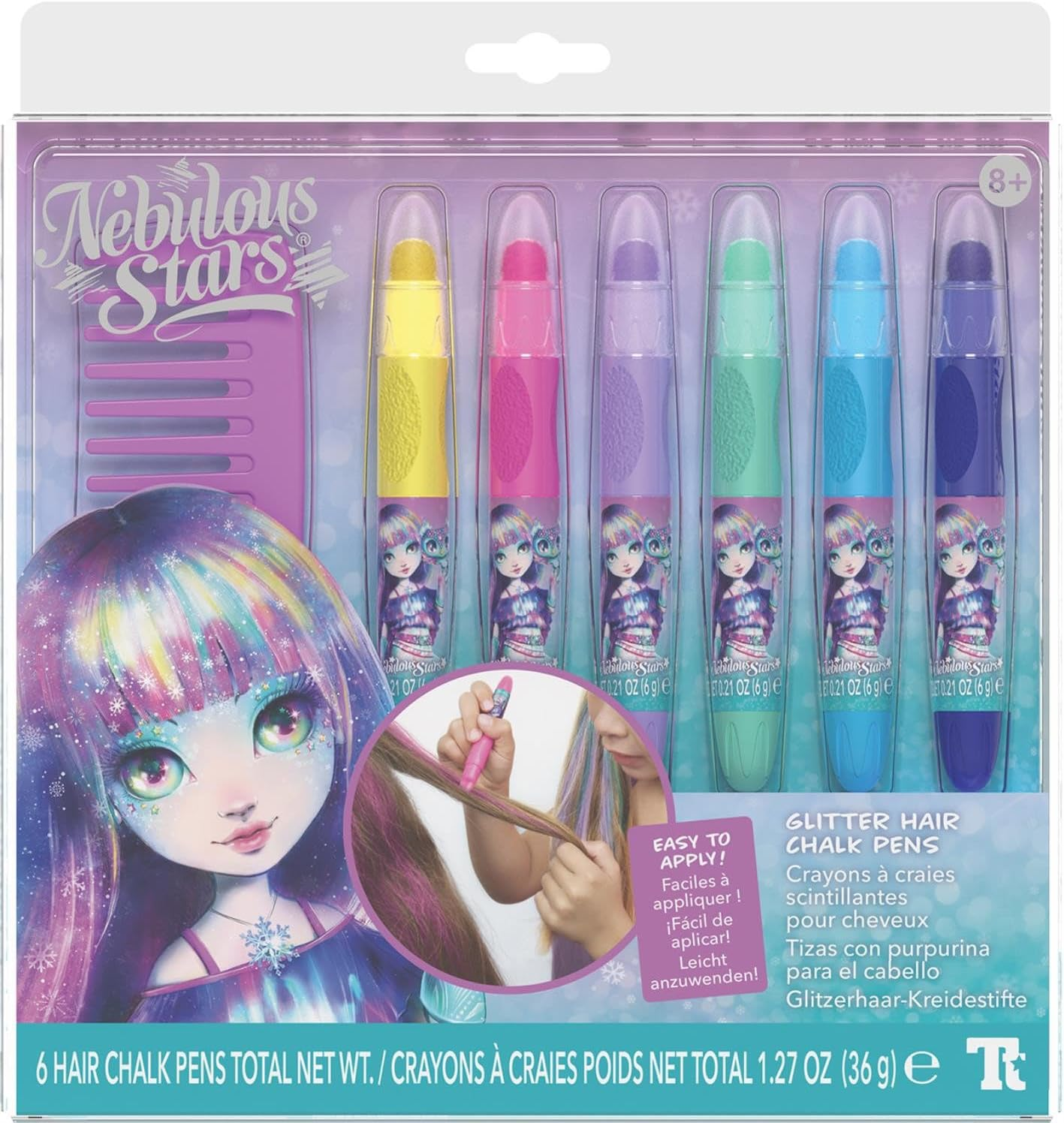 Nebulous Stars Glitter Hair Chalk Set - 6 Washable Glitter Hair Chalk Pens for Kids, Temporary Rainbow Hair Colour for Fun & Creative Styling, Easy to Apply & Remove, Ages 8+ image number 2