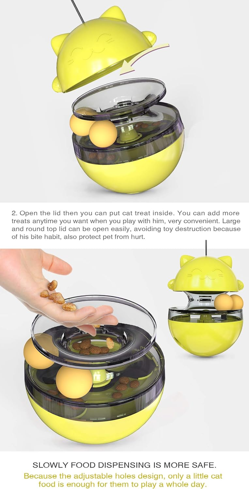 CYBERNOVA Interactive Wobble Cat Toy with a Teaser Wand, Built -In Treat Dispenser/Pet Puzzle Toy/Slow Feeder for Cats and Kitten (Yellow) - Yellow image number 6