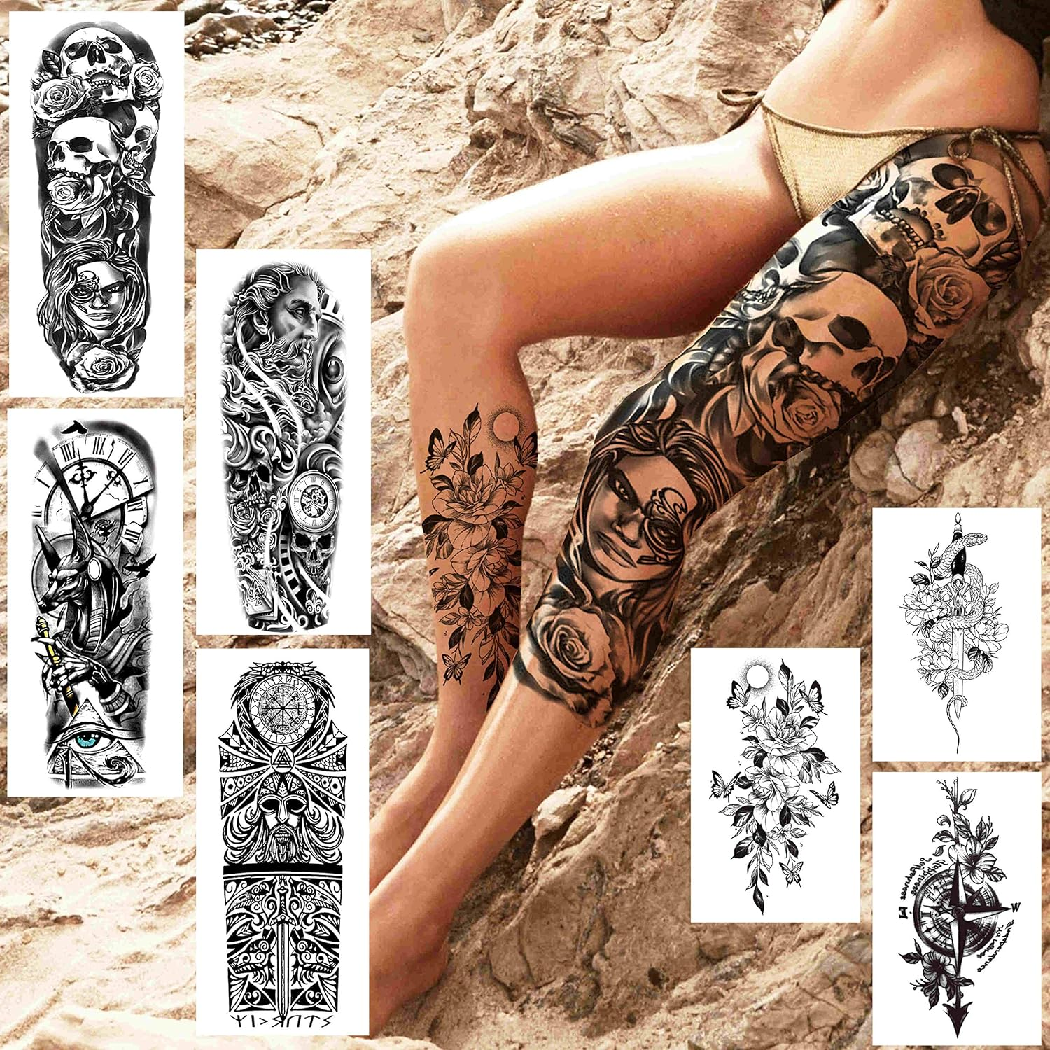 COKTAK 21 Sheets Extra Large Black Temporary Tattoos for Women Adults Greek Myth with 8 Sheets Full Arm Temporary Tattoo Sleeve for Men Maori Warrior Compass and 13 Sheets Fake Large 3D Tatoo Stickers