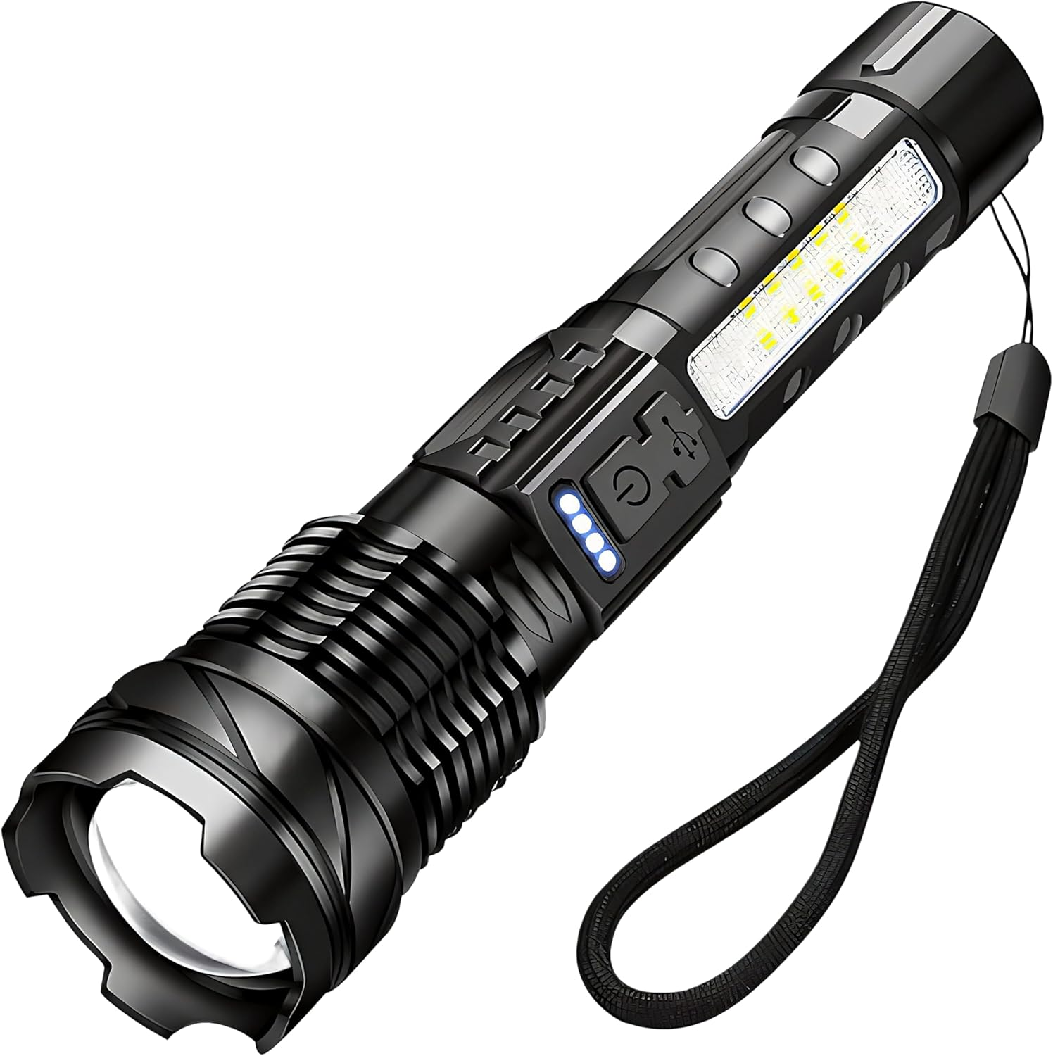 Tip: Pack of 2 LED Torch with Zoom, Extremely Bright, Effective Beam Range 200 M+, White COB Light, Red/Blue Strobe, Hand Strap, Belt Clip and Integrated USB-C Battery image number 1