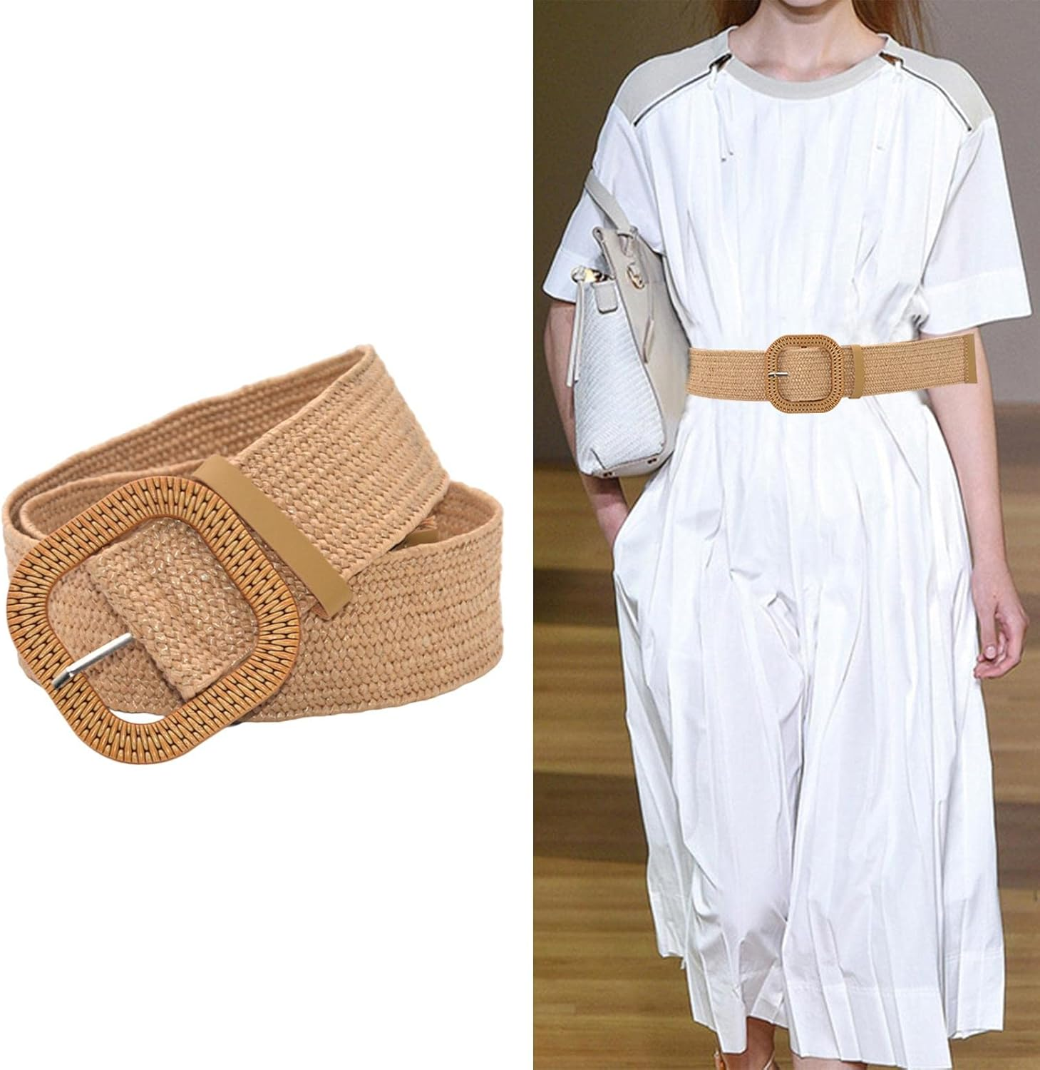 Kowaku Retro Style Wide Straw Woven Waist Belt Elastic Waistband Long for Birthday Women