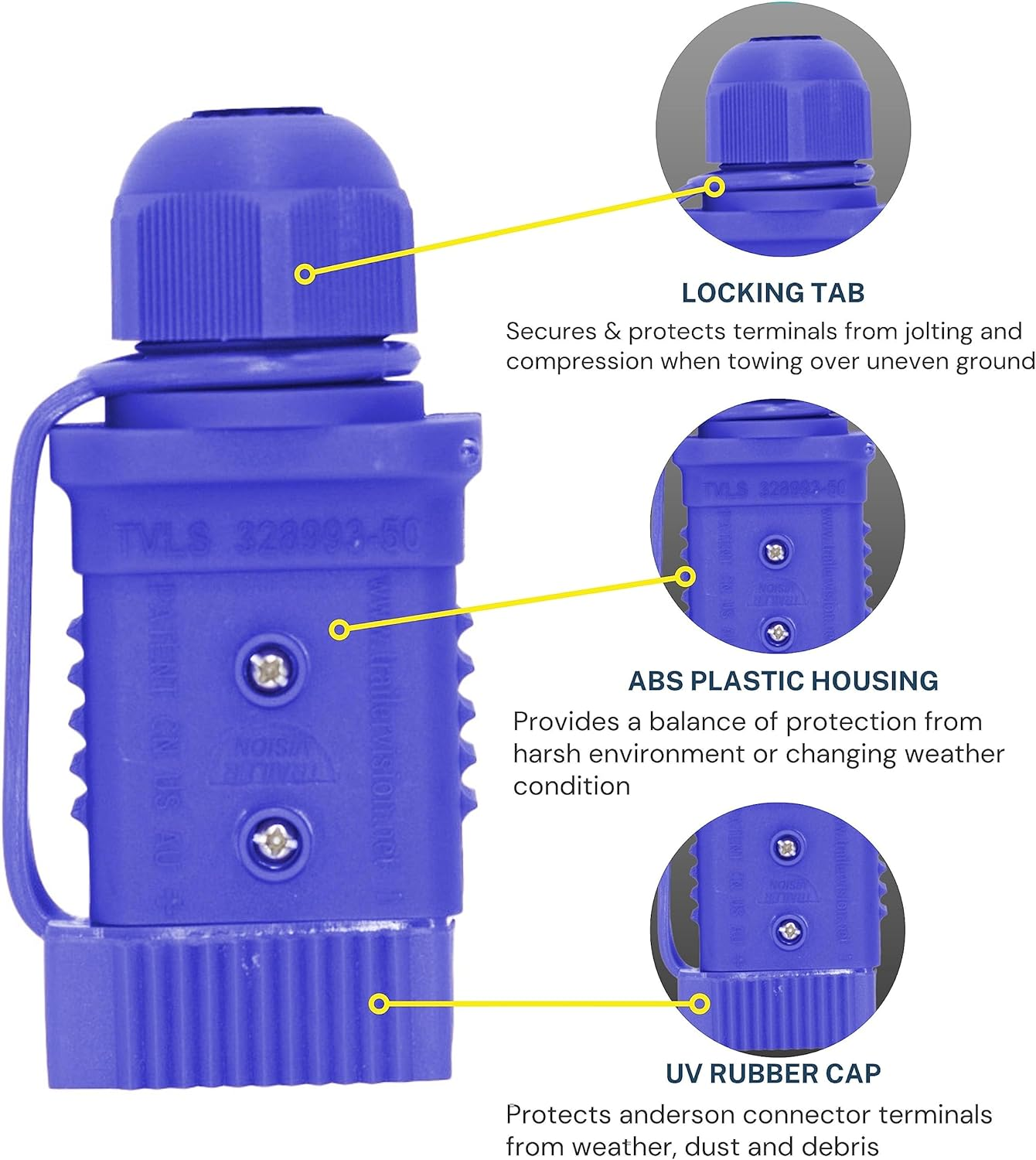 Trailer Vision 50 Amp Anderson Connector Cover Assembly with Rubber Dust Cap & LED - Protective Sleeve for SB50 Anderson Plugs Quick Connect System for Caravans Trailers Trucks Ute 4WD - 50A Blue