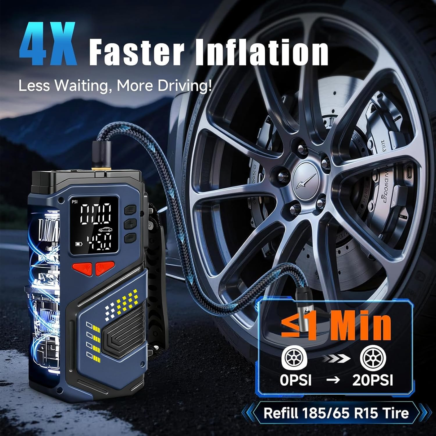 Car Tyre Inflator Air Compressor, Portable Air Pump with Digital Pressure Gauge & LED Light, 150PSI Electric Tyre Pump with Auto Shutoff for Car, Motorcycle, Bike, Ball image number 5
