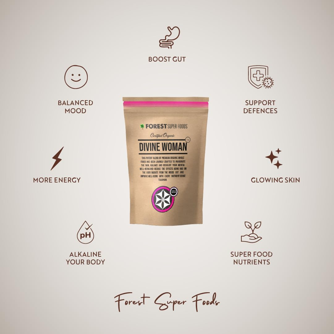 Divine Woman Womens Multivitamin | 300X Capsules | Maca Root, Cacao Bean, Wheatgrass, Camu Camu Berry, Maqui Berry, Kale + Broccoli | 100% Wholefoods and Organic | Forest Super Foods image number 3