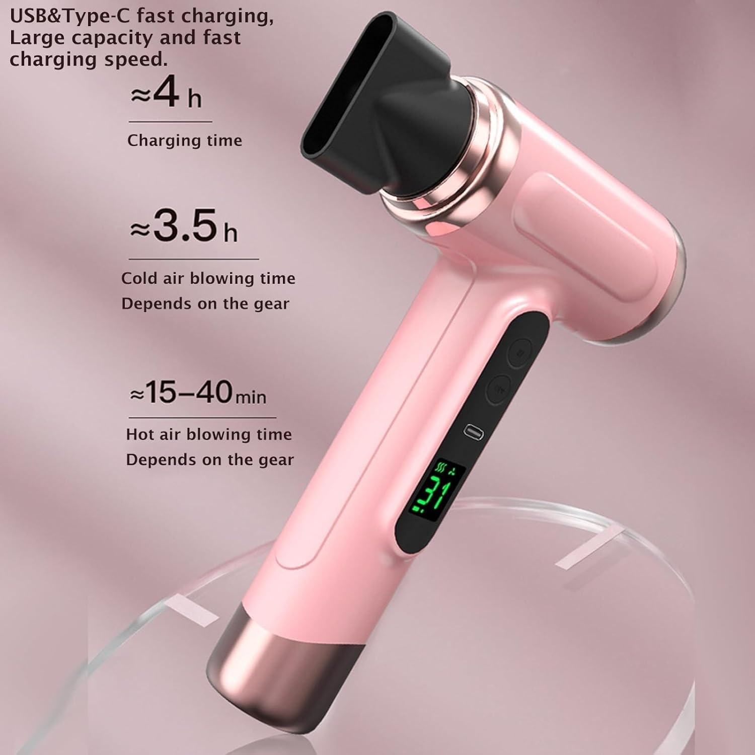 Cordless Travel Hair Dryer Rechargeable, 3 Speeds or 3 Temperatures, Digital Screen Compact, Lightweight, Fast Drying for Women or Men on the Go (Pink)