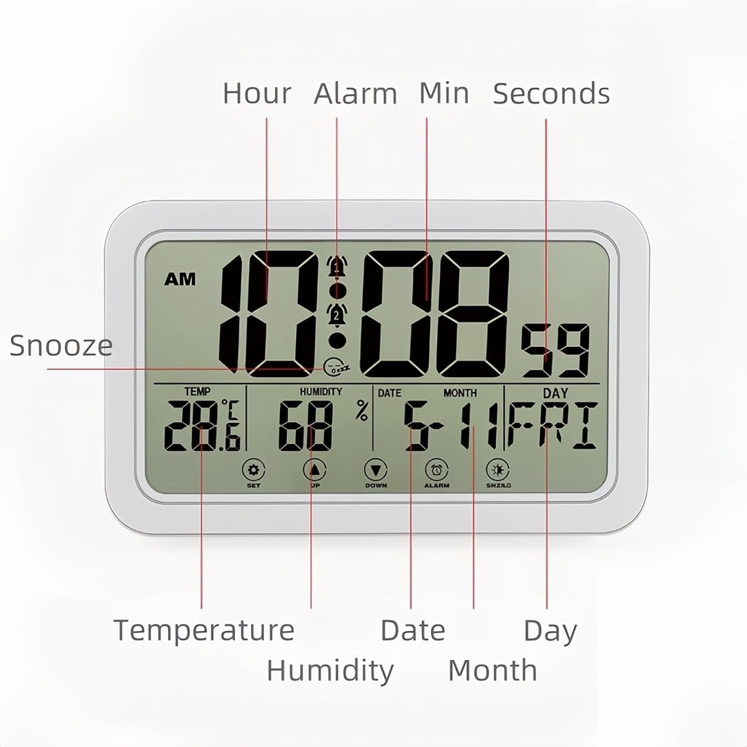 Lancoon Touchscreen Alarm Clock with Backlight, 2 Music Sets Snooze Display Temperature and Humidity Date and Day, Usb/Android Input Port, Hanging or Standing for Bedroom Living Room Office