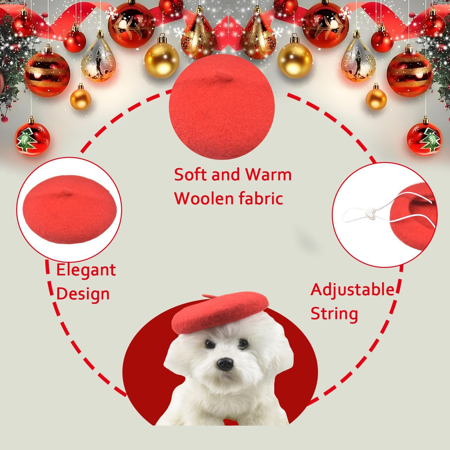 Dog Cat Beret Wool Hat Headband French Artist Beanie Beret Pet Dog Christmas Costume Hair Accessory Photo Props (Red, One Size) image number 2